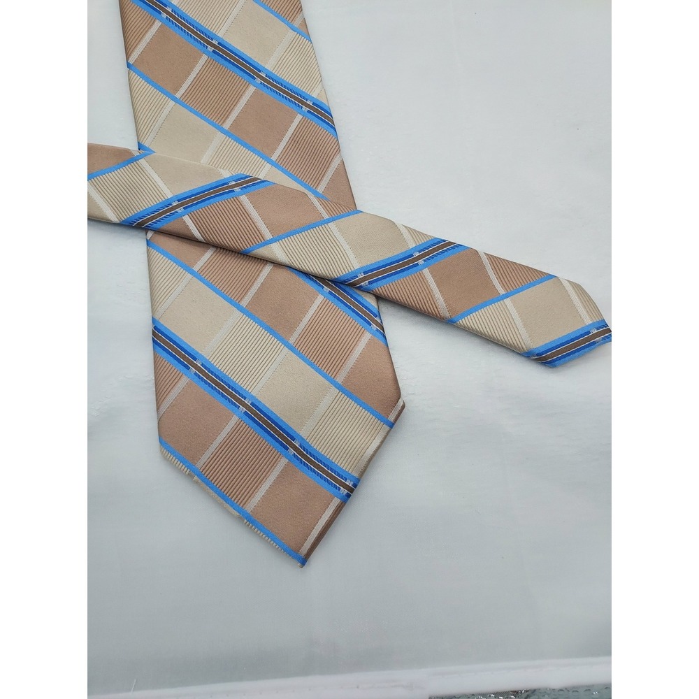 Joseph Abboud Men Silk Extra Long Tie Tan Blue Plaid Check Necktie RN 121148 64"